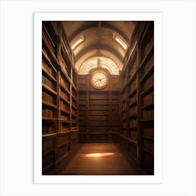 Library With A Clock Art Print