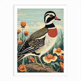 Vintage Bird Linocut Wood Duck 4 Art Print