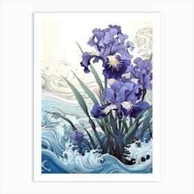 Great Wave With Iris Flower Drawing In The Style Of Ukiyo E 1 Art Print