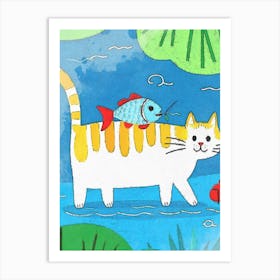 Funny Cat And Fish Art Print