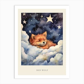 Baby Red Wolf Sleeping In The Clouds Nursery Poster Art Print