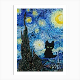 The Starry Night, Vincent Van Gogh  Style With Black Cat Portrait Art Print