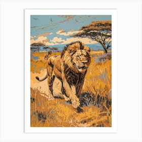 African Lion Relief Illustration Hunting 4 Art Print