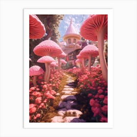 Pink Mushrooms Surreal Landscape Art Print