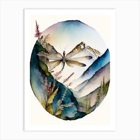 Dragonfly Flying Across Mountains Watercolour Ink Pencil 1 Art Print