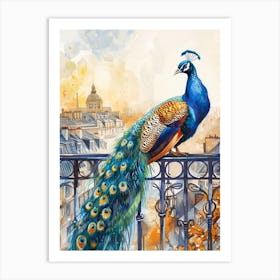 Watercolour Peacock On An Iron Balcony 1 Art Print