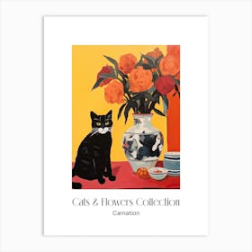 Cats & Flowers Collection Carnation Flower Vase And A Cat, A Painting In The Style Of Matisse 3 Art Print