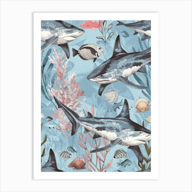 Pastel Blue White Tip Reef Shark Watercolour Seascape Pattern 1 Art Print