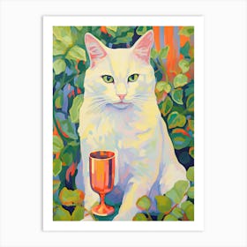 White Cat With A Glass Botanical Oil Painting Art Print