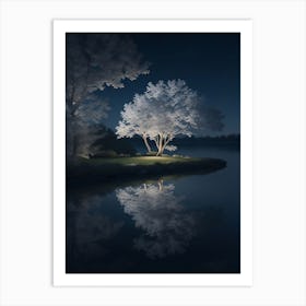 White Mysterious Trees Along The Lakeshore At Night Art Print