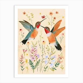 Folksy Floral Animal Drawing Humingbird 3 Art Print