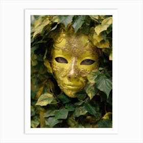 Mask Dressed In Green Leaves And Yellow Leaves. Nature concept Art Print