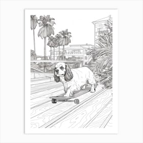 Cavalier King Charles Spaniel Dog Skateboarding Line Art 4 Art Print
