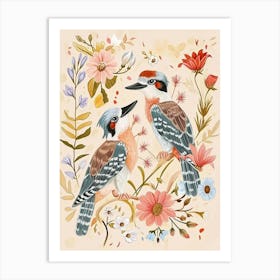 Folksy Floral Animal Drawing Kookaburra Art Print