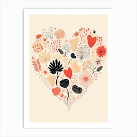 Floral Line Heart Coral Black & Cream Art Print