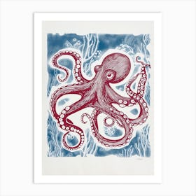 Hand Printed Style Red & Navy Octopus 1 Art Print