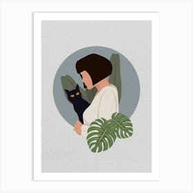 Minimal art Woman With A Cat and monstera leaves Art Print