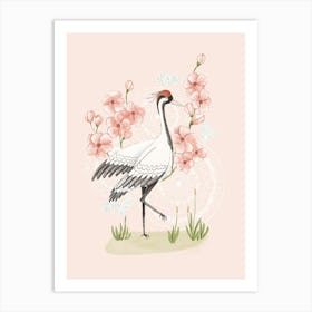 Japanese crane with pink cherry blossoms Art Print