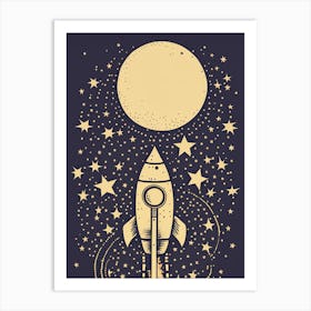 Dreaming of Space: A Retro Rocket Under the Moonlit Sky Art Print