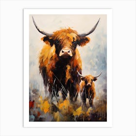 Dark Tones Impressionism Of Two Highland Cows 2 Art Print