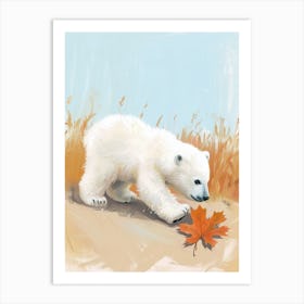 Polar Bear Cub Playing With A Fallen Leaf Storybook Illustration 4 Art Print