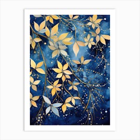 Golden Leaves On Blue Background Art Print