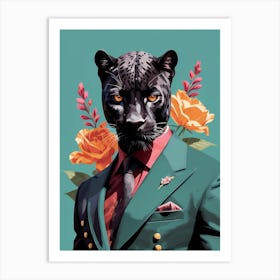 Floral Black Panther Portrait In A Suit (15) Art Print