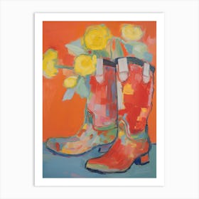 Painting Of Daffodil Flowers And Cowboy Boots, Oil Style 4 Art Print