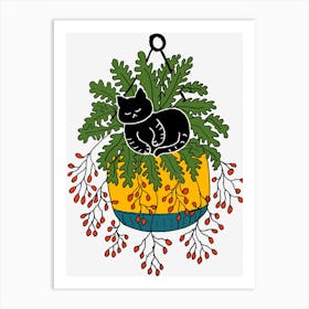 Black Cat Sleeping In A Hanging Yellow Plant Pot Big Leaves And Red Berry Fruits Beautiful Aesthetic Design 1 Art Print