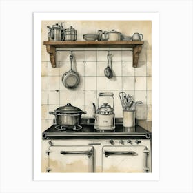 Sepia Kitchen Illustration Art Print