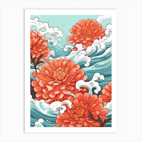 Great Wave With Zinnia Flower Drawing In The Style Of Ukiyo E 1 Art Print