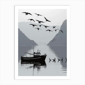 Birds Flying Over A Boat Art Print