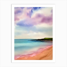 Bamburgh Beach, Northumberland Pink Watercolour Art Print