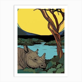 Rhino Relaxing In The Bushes Simple Illustration 1 Art Print