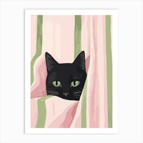Black Cat In Bed Pink Green Stripes Art Print
