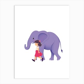 Little Girl Walking With Elephant 1 Art Print