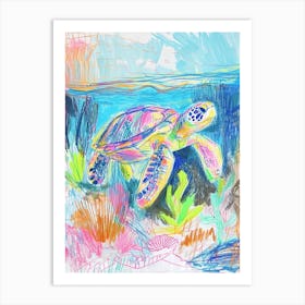Colourful Sea Turtle Exploring Deep Into The Ocean Crayon Doodle 3 Art Print