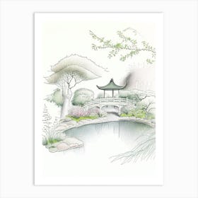 Japanese Friendship Garden, Usa Vintage Pencil Drawing Art Print