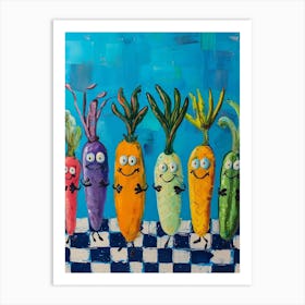 Vegetable Friends Blue Checkered Tile Art Print