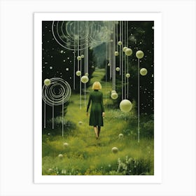 Cosmic landscape with a woman standing in a field Art Print