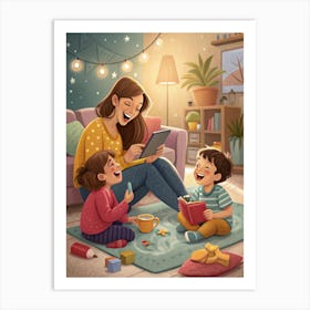 Mother And Children Reading A Book Art Print