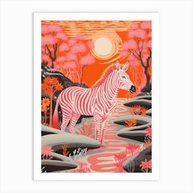 Zebra In The River At Sunset Orange & Pink Art Print