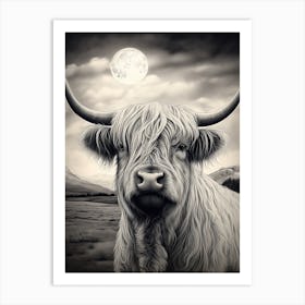 Black & White Illustration Of Highland Cow With The Moonlight Art Print
