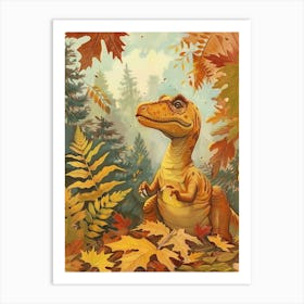 Dinosaur In The Autumnal Leaves Vintage Storybook Style Art Print