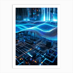 Abstract Cyber Security Theme With Geometric Dots And Lines Forming A Network Like Grid Blue And N Art Print