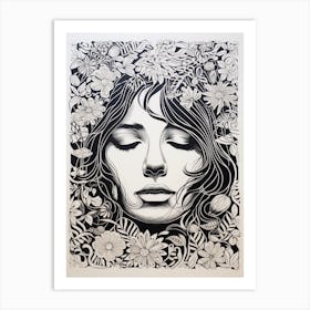 Floral Black & White Face Drawing 1 Art Print