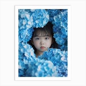 Portrait Of A Five Year Old Asian Girl Entering A Sea Of Blue Flowers Póster