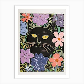 Cute Black Cat With Flowers Illustration 7 Art Print
