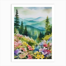 Smoky Mountains Painting, Spring Flowers, Watercolor Art, Appalachian Mountain Landscape Wall Art, Mountain Forest Print..183 Art Print