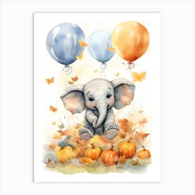 Elephant Flying With Autumn Fall Pumpkins And Balloons Watercolour Nursery 2 Art Print
